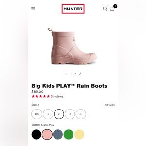 HUNTER Big Kids PLAY Rain Boots COLOR:
Azalea Pink US Size 2 Lightly Worn